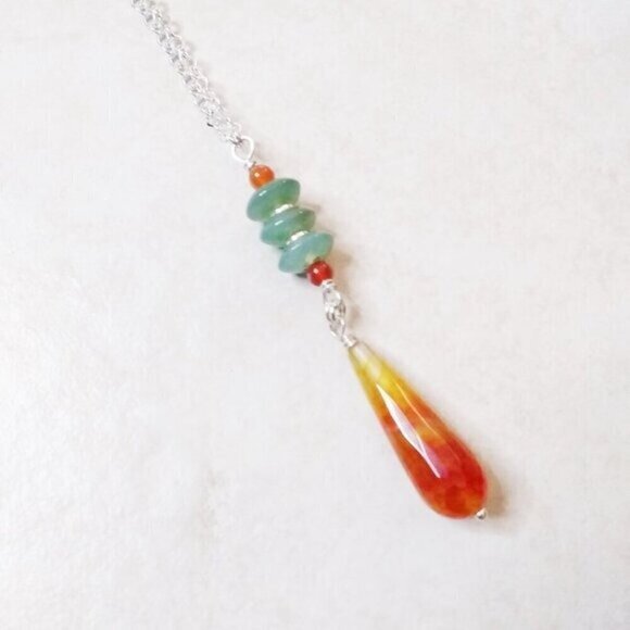 Handmade Jewelry - Tropical Spring + Summer Colors! Vibrant Orange + Green Agate Pendant Necklace